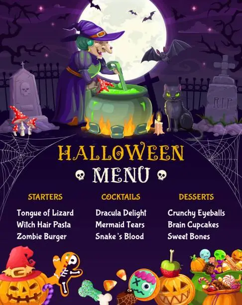 Vector illustration of Halloween menu for holiday party, witch, cauldron