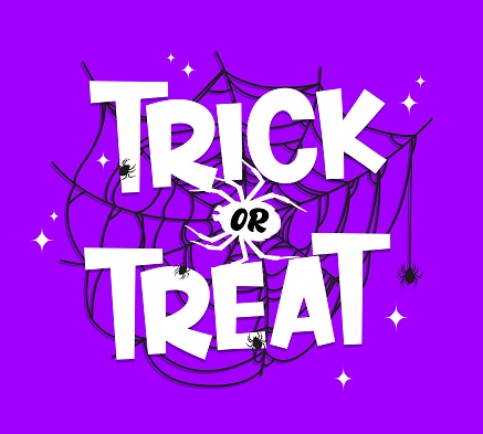 Trick or treat halloween banner with spiders and cobweb. Vector purple background adorned with spooky and intricate spiderweb, adding a touch of eerie charm to traditional trick-or-treat festivities