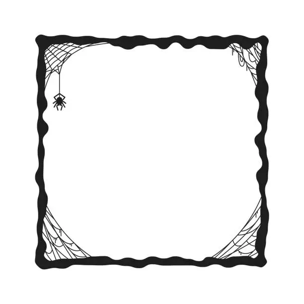 Vector illustration of Halloween holiday black frame, spiders in cobwebs