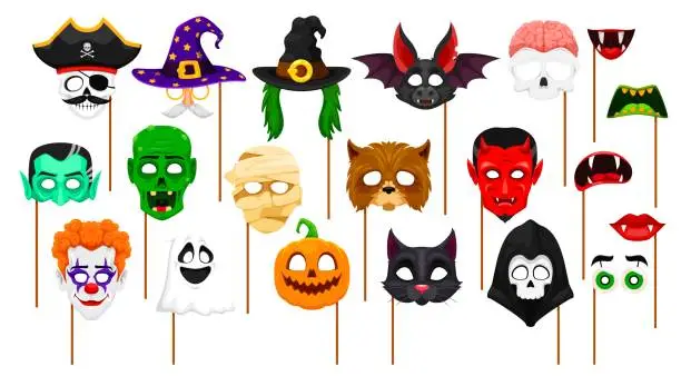 Vector illustration of Cartoon Halloween photo booth masks, monster props