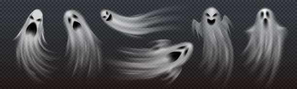 Realistic Halloween ghosts, poltergeist monsters Realistic Halloween ghosts, poltergeist monsters and boo spirits on vector transparent background. Halloween horror night flying spooky ghosts with scary faces and grim smiles for Halloween party in good spirits stock illustrations