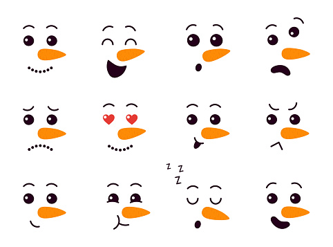 Cute snowman faces. Kawaii snowman heads. Cartoon vector illustration