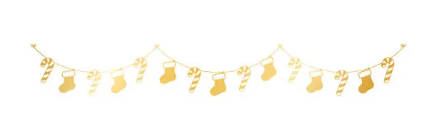 Vector illustration of Gold Christmas Stocking and Candy Cane Garland Vector Illustration, Christmas Graphics Festive Winter Holiday Season Bunting