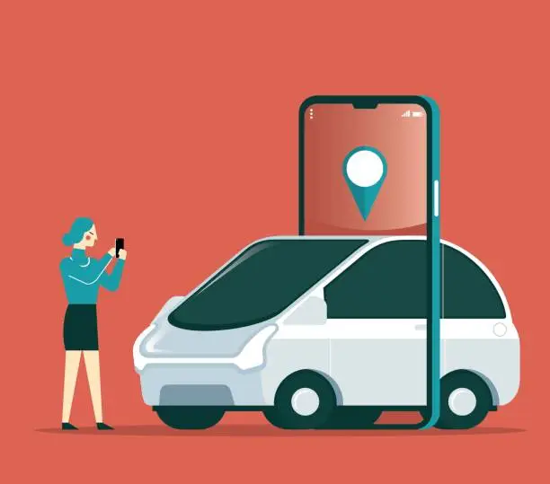 Vector illustration of Renting Car Using Mobile App - Businesswoman