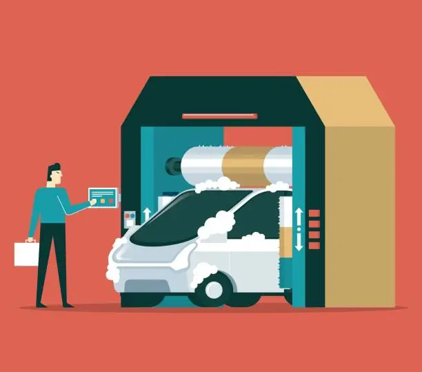 Vector illustration of Washing the car in an automatic washing machine - Businessman