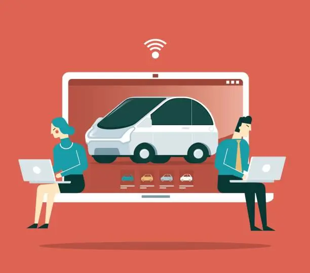 Vector illustration of Car dealer online - Laptop