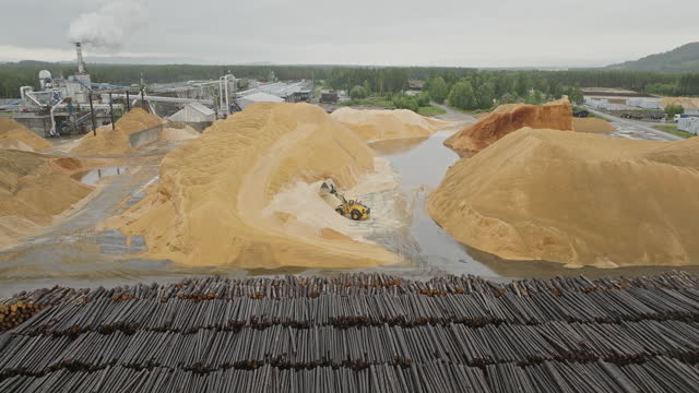 Stacks Of Logs Being Irrigated With Loader Scooping Sawdust From Stockpile At Woodyard In Norway. wide aerial
