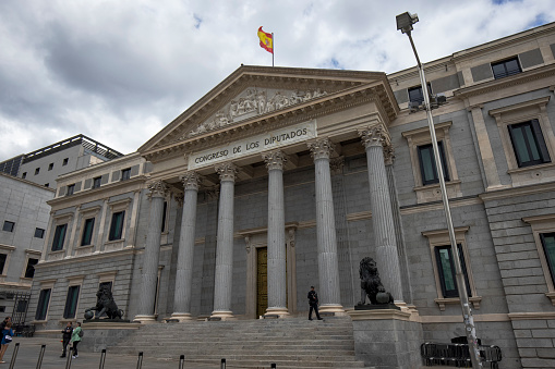 Street view of Congress of Deputies of Spain building in Madrid, Spain.