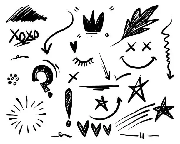 Vector illustration of Hand drawn set doodle elements for concept design isolated on white background. Infographic elements. Brush stroke, curly swishes, swoops, swirl, arrow, heart, leaf, crown, star. vector illustration.