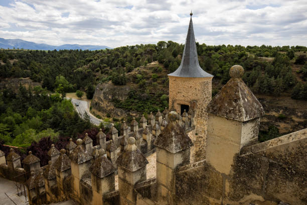 Segovia, Castilla y Leon, Spain- April 5, 2025: Architectural details of The Alcazar of Segovia, the medieval fortress that stands on a rocky crag in Segovia city