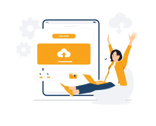 Vector illustration of Businesswoman using laptop computer upload file and download information data on cloud computing technology network, work from home concept illustration