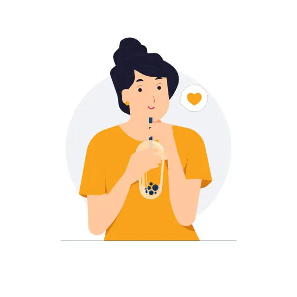 Vector illustration of Cheerful young woman drinking cup of bubble milk tea concept illustration