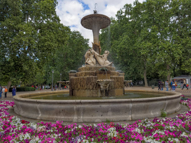 A fountain in flowerbeds at Retiro Park, Madrid, Spain