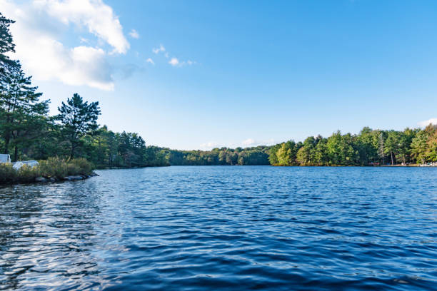 istock Lake view from a boat, fall golden colors landscape, copy space backgrounds image, natural fall landscapes 1696478107