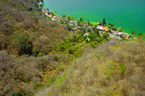 Panoramic view of Lake Amatitlan in Guatemala, source of contaminated water receiving city drains, climate change.