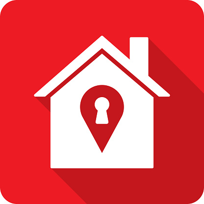 Vector illustration of a house and location marker with keyhole icon against a red background in flat style.