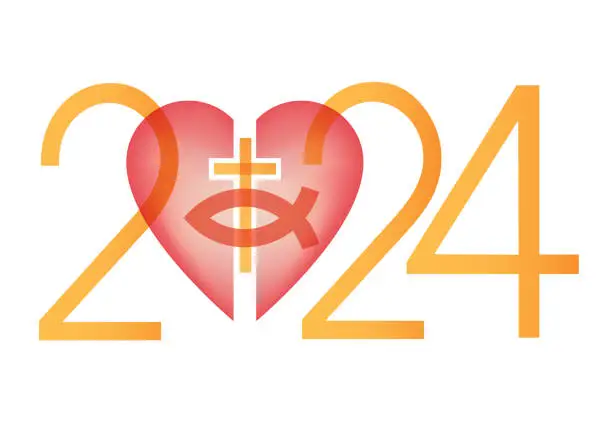 Vector illustration of Jesus fish symbol inside a heart symbol, new year 2024.