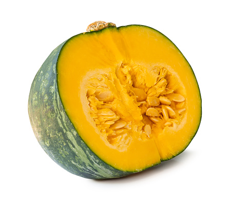 Front view photo of green japanese pumpkin half is isolated on white background with clipping path.