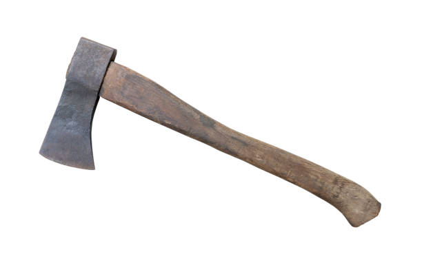 istock Old rust dirty dark gray axe with brown wooden handle isolated on white background with clipping path 1696517141