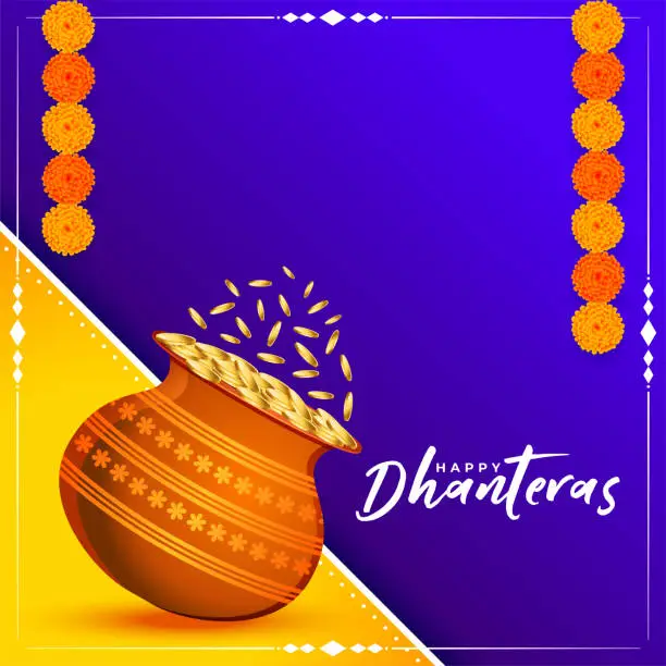 Vector illustration of happy dhanteras greeting card with golden coin kalasha and flower decoration