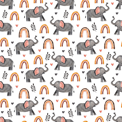 Elephant and rainbow. Seamless pattern. Watercolor illustration in cartoon style. Cute textures for baby textiles, fabric design, scrapbooking, wallpaper, etc.