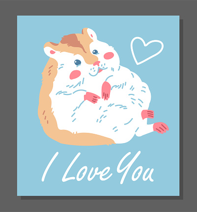 Cute ginger fat hamster with white belly. Funny fluffy pet vector cartoon illustration. Small adorable home animal on blue background. I love you poster with heart. Little mouse best childish friend