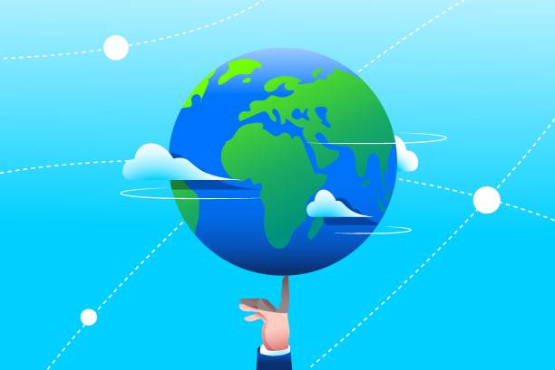 Planet earth twisting on a finger vector illustration Planet earth twisting on a finger. Success, global connection, business concept. Vector illustration. finger spinning globe stock illustrations