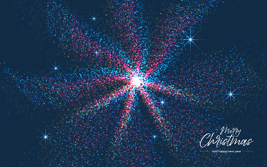 Blurred bokeh light on dark blue background. Christmas and New Year holidays template. Abstract glitter defocused blinking stars and sparks.