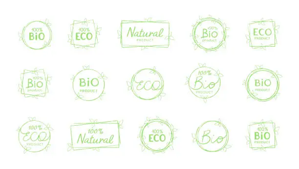 Vector illustration of Set of round, square and rectangular hand drawn signs with leaves for ECO and BIO product