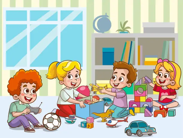 Vector illustration of cute little kids playing with toys in preschool classroom