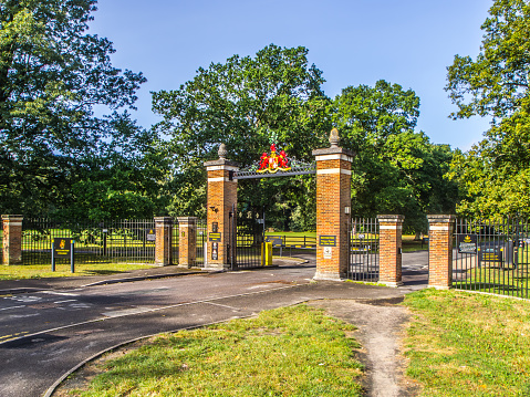 Crowthorne, UK - 20 September 2023: Wellington College is a public school in the village of Crowthorne. The gates are at the entrance to the grounds