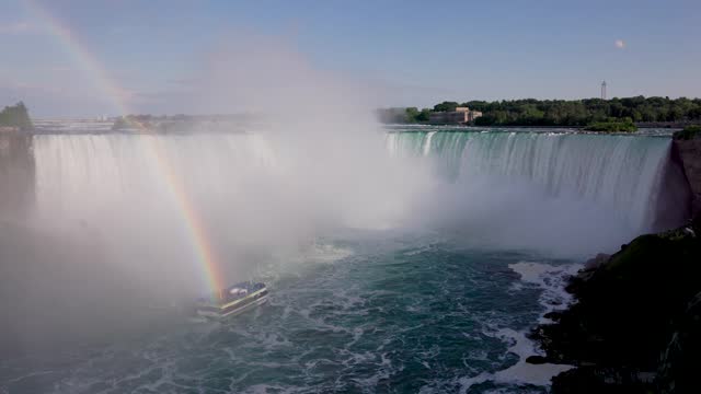 Close-up view of the Horseshoe falls in Niagara Falls and rainbow