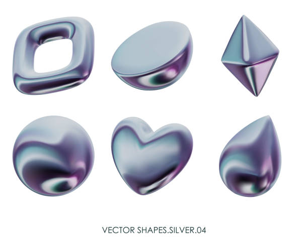 ilustraciones, imágenes clip art, dibujos animados e iconos de stock de renderizar figuras de plata realistas en 3d. objetos de diseño metálicos gris platino. formas geométricas decorativas vectoriales. cristal, esfera, semicírculo, corazón, gota. aislado sobre un fondo blanco - liquid crystal display