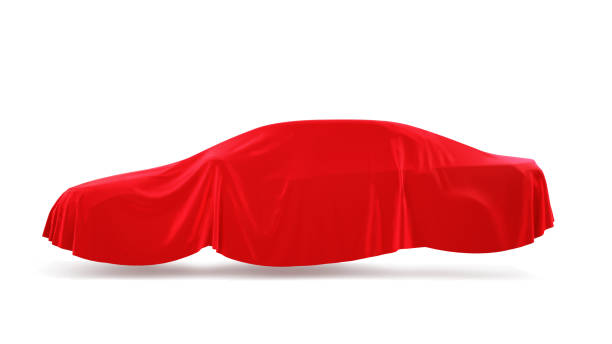 istock Flows of red fabric of car shape on a white background. 3D illustration 1696633485
