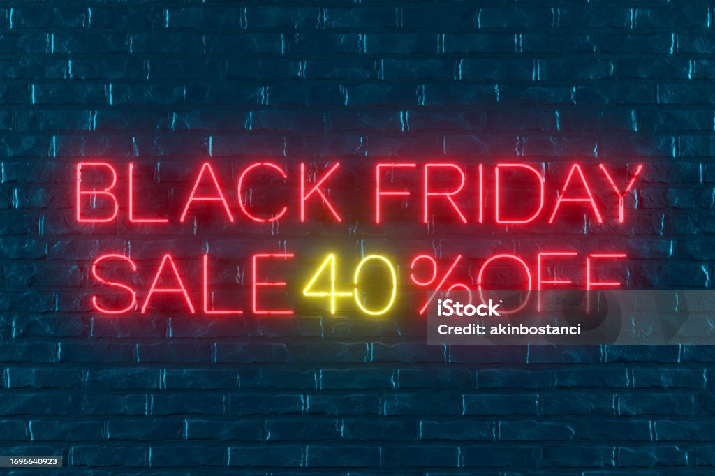 Black Friday Sale 40% off with Neon Light on Black Brick Wall Black Friday 40% off Sale with Neon Light on Black Brick Wall. Digitally generated image. Abstract Stock Photo