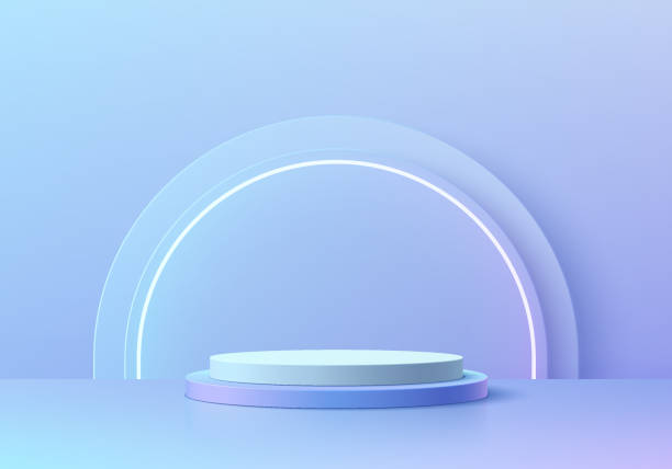 istock 3D background with blue hologram cylinder pedestal podium and semi circle glowing neon light wall scene. Platforms product display presentation. Abstract composition in minimal design. Stage showcase. 1696644424