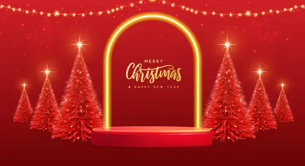 Vector illustration of Holiday Christmas showcase background with 3d podium, neon arch and Christmas tree. Vector illustration