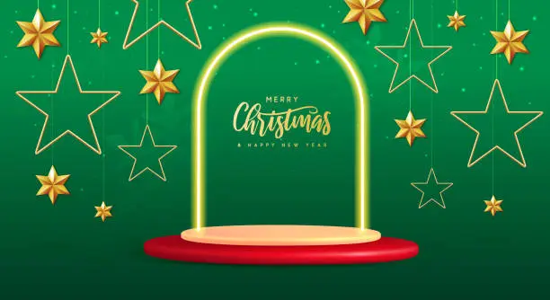 Vector illustration of Holiday Christmas showcase background with 3d podium, neon arch and Christmas stars. Vector illustration