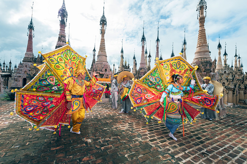 Shan people (an ethnic group living in parts of Burma and Thailand) dress in national costumes to dance the Kakku, Taunggyi, Myanmar, 11 Aug 2023. Bird Dance, Shan culture in Burma.