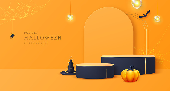 Halloween showcase background with 3d podiums, halloween pumpkin and electric lights. Halloween spooky background. Vector illustration