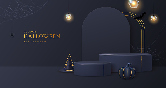 Halloween showcase background with 3d podiums, halloween pumpkin and electric lights. Halloween spooky background. Vector illustration