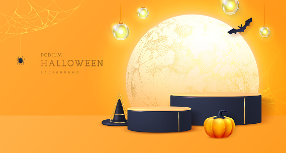 Halloween showcase background with 3d podiums, halloween pumpkin and full moon. Halloween spooky background. Vector illustration