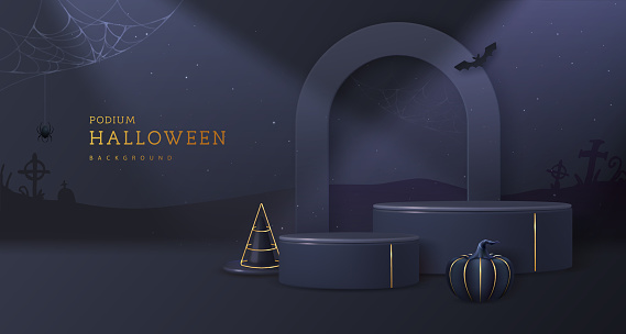 Halloween showcase background with 3d podiums, halloween pumpkin and cemetery. Halloween spooky background. Abstract minimal scene. Vector illustration