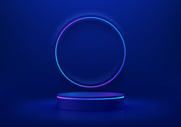 istock Abstract dark blue cylinder pedestal podium. Sci-fi abstract room concept with circle neon lighting line wall scene. Vector rendering 3d background, Mockup product display. Futuristic stage showcase. 1696679494