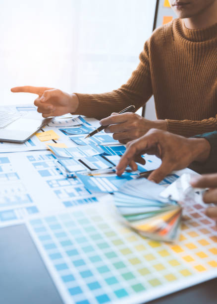 Creative Web, Graphic Designer, Tester team planning website ui xi app for mobile application development template layout. Prototyping wireframe development process program user experience concept.