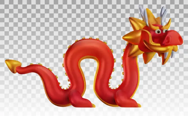Vector illustration of 3d cute chinese red dragon in cartoon realistic style. Funny festive traditional character concept design for background banner, cover. Holiday art element or symbol new year. Vector illustration.