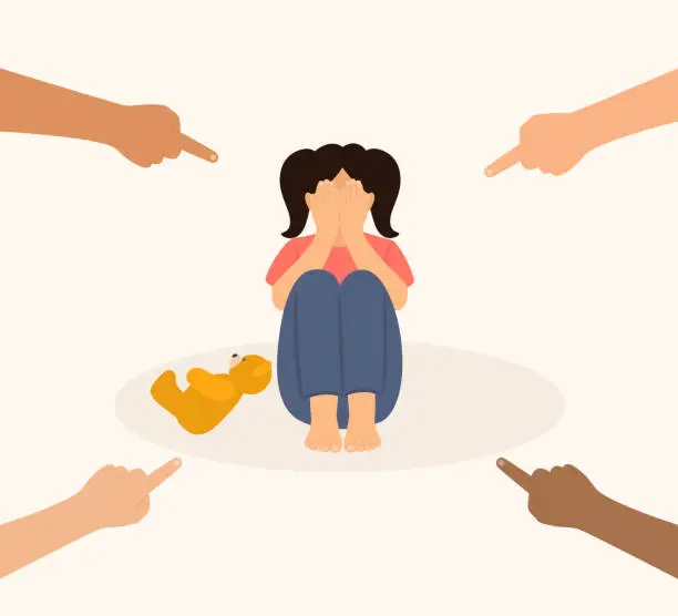 Vector illustration of Sad Lonely Child Surrounded By Hands With Index Fingers Pointing At Her. Little Girl Crying And Covering Her Face With Her Hands. Bullying, Loneliness, Insecurity And Victim Blaming Concept