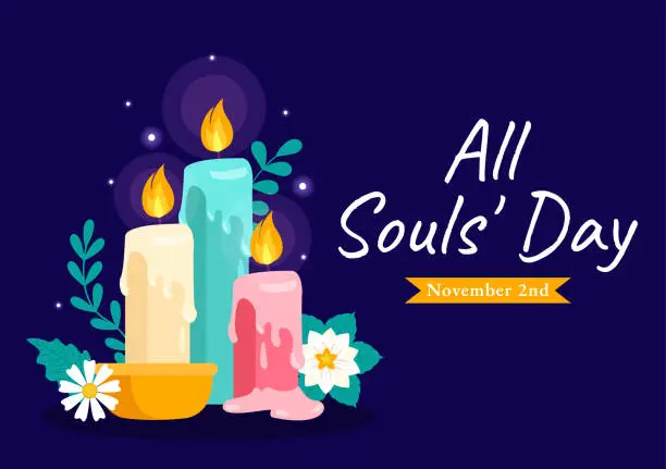 Vector illustration of All Souls Day Vector Illustration to Commemorate All Deceased Believers in the Christian Religion with Candles in Flat Cartoon Background Design