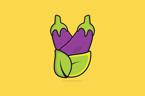 istock Purple Eggplant vegetable with Green Leaves vector illustration. Food nature icon concept. Healthy vegetable purple eggplant and green leaves vector design. Healthcare medical leaves icon logo. 1696720594