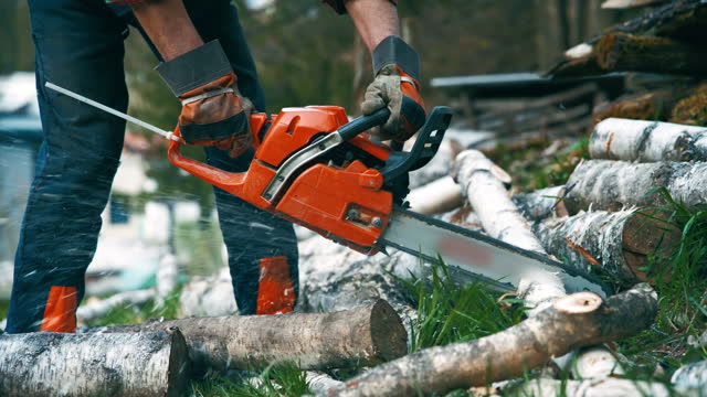 Close up man with chainsaw cutting logs for firewood in back yard